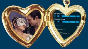 An opened heart-shaped locket with an image of Bridgerton on one side and VidAngel's Filter page on the other.